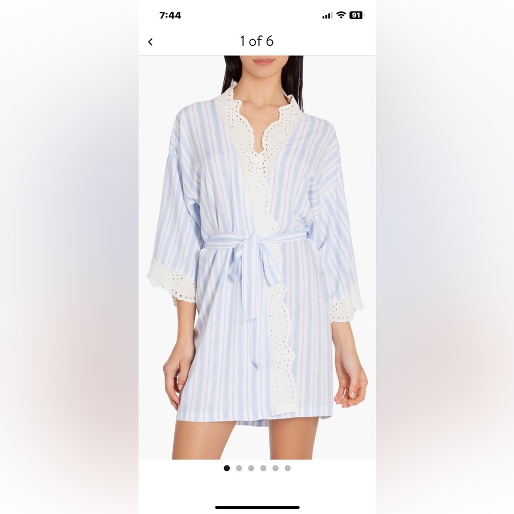 In Bloom Light Blue and White Stripe Short Robe with white Eyelet trim - XL